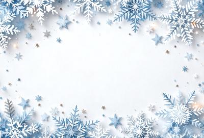 The primary subject of the image is a white frame with a snowy background. The setting is a winter scene, likely a holiday or festive atmosphere. The visual style is a combination of a photo and digital art, creating a unique and creative design. The colors and mood are predominantly white and snowy, giving the image a clean and cold appearance.